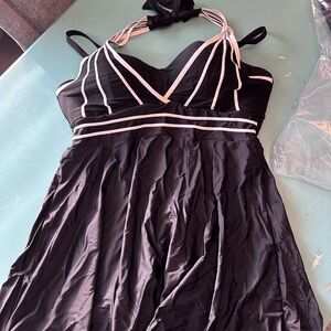 Black Halter Swim Dress with White Trim